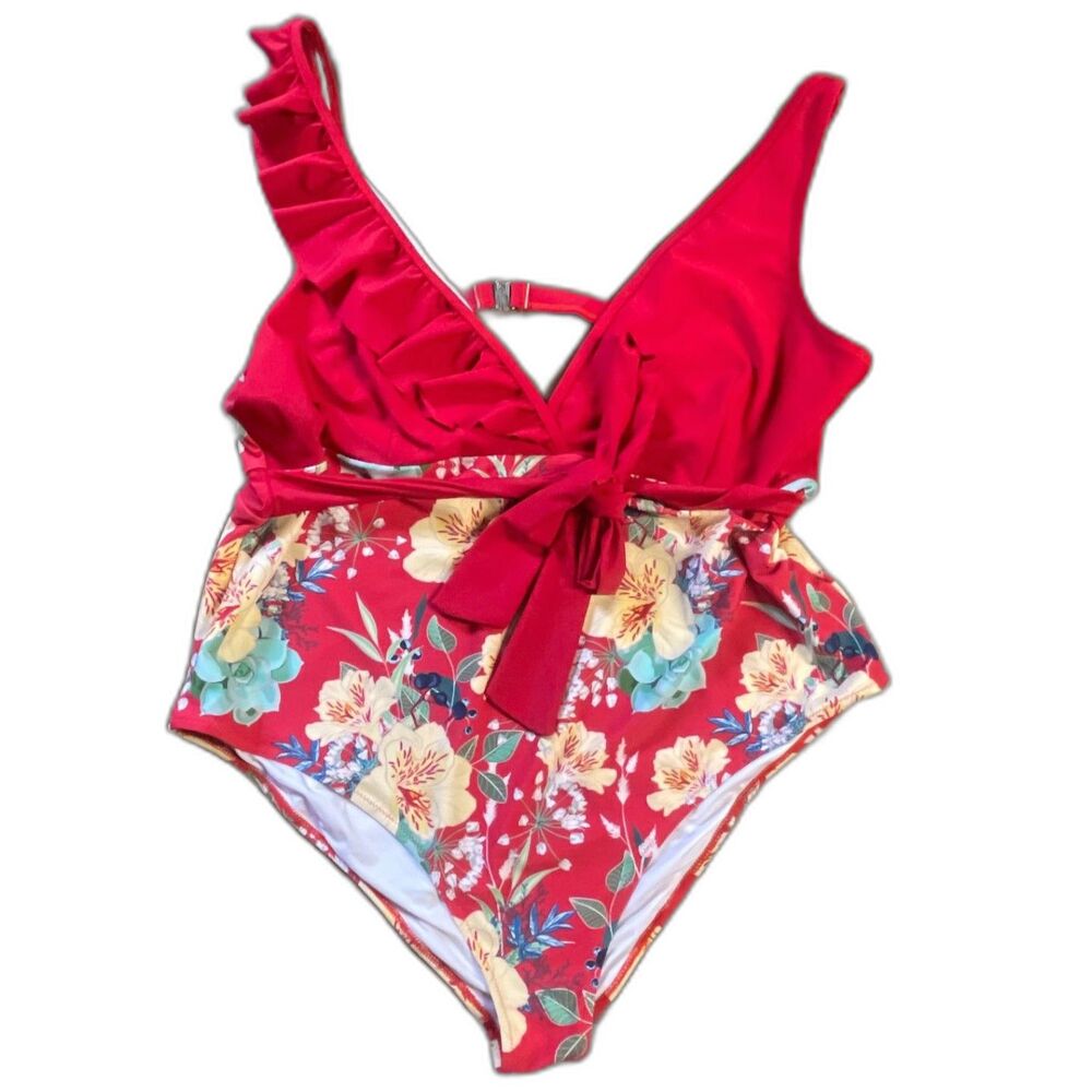 CUPSHE Plus Size 3X Red Floral Ruffle Wrap One Piece Swimsuit Cottagecore Swim